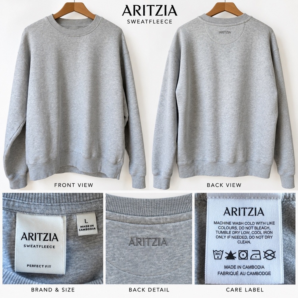 Aritzia Sweatfleece Crewneck Sweatshirt Heather Grey SizeLarge Cozy Minimalist